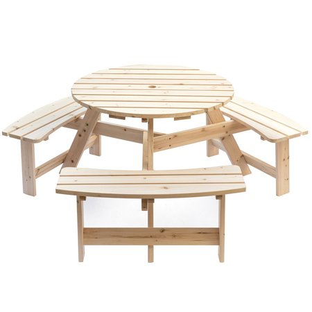 GARDENISED Wooden Outdoor Round Picnic Table with Bench for Patio, 6- Person with Umbrella Hole- Natural QI003904.N